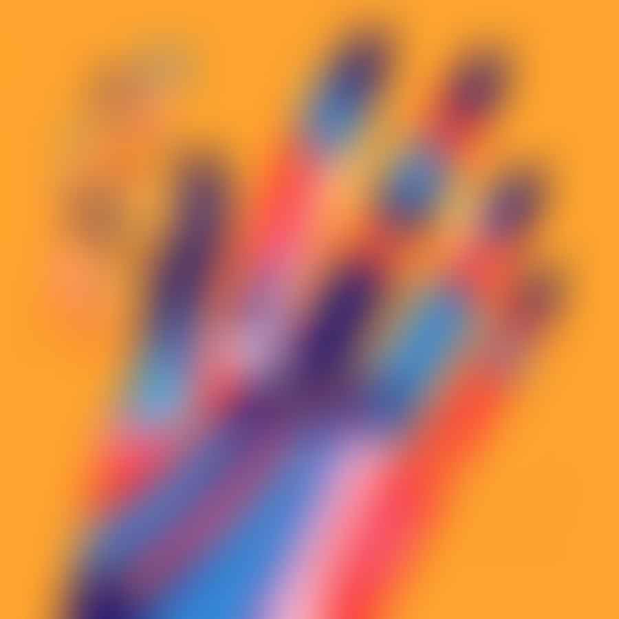 A hand with nails painted in bold, vibrant colors.