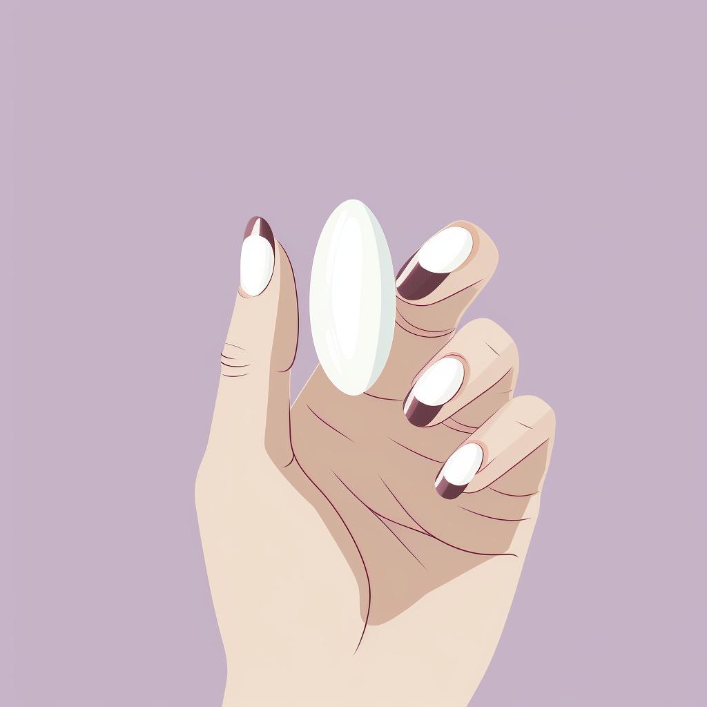 A hand adding a design to white almond-shaped nails.