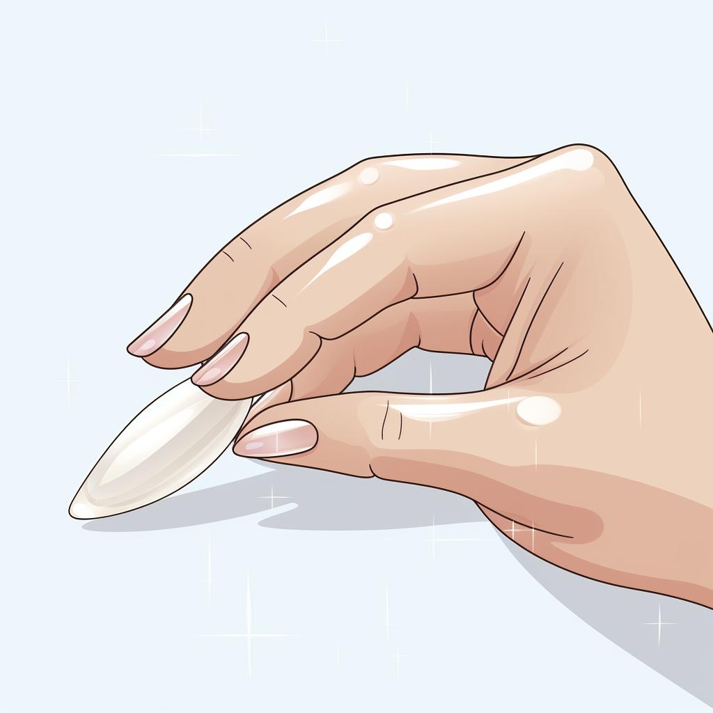 A hand applying a clear top coat to white almond-shaped nails.