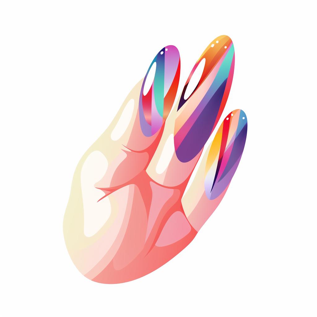 A hand with colorful almond-shaped nails and a shiny top coat applied.