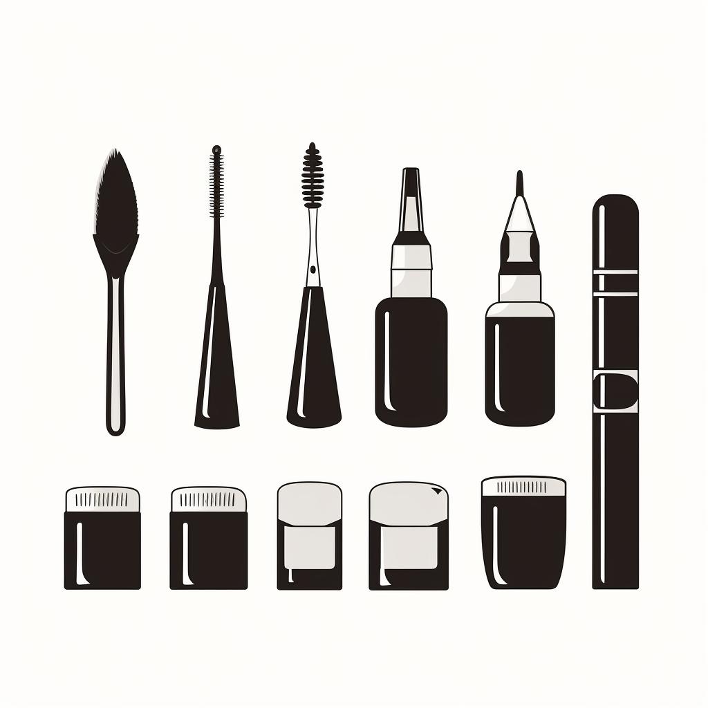 A set of nail art tools including black nail polish, clear base and top coat, nail file, and nail brush