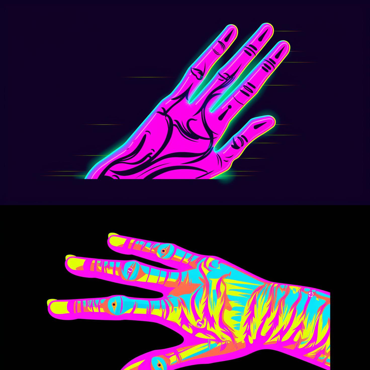 A hand with nails painted in bright neon colors.
