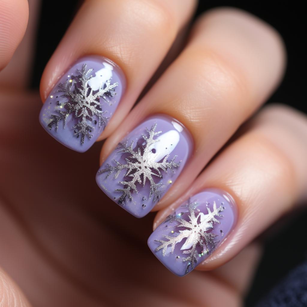 Nail with a glossy top coat sealing the snowflake design