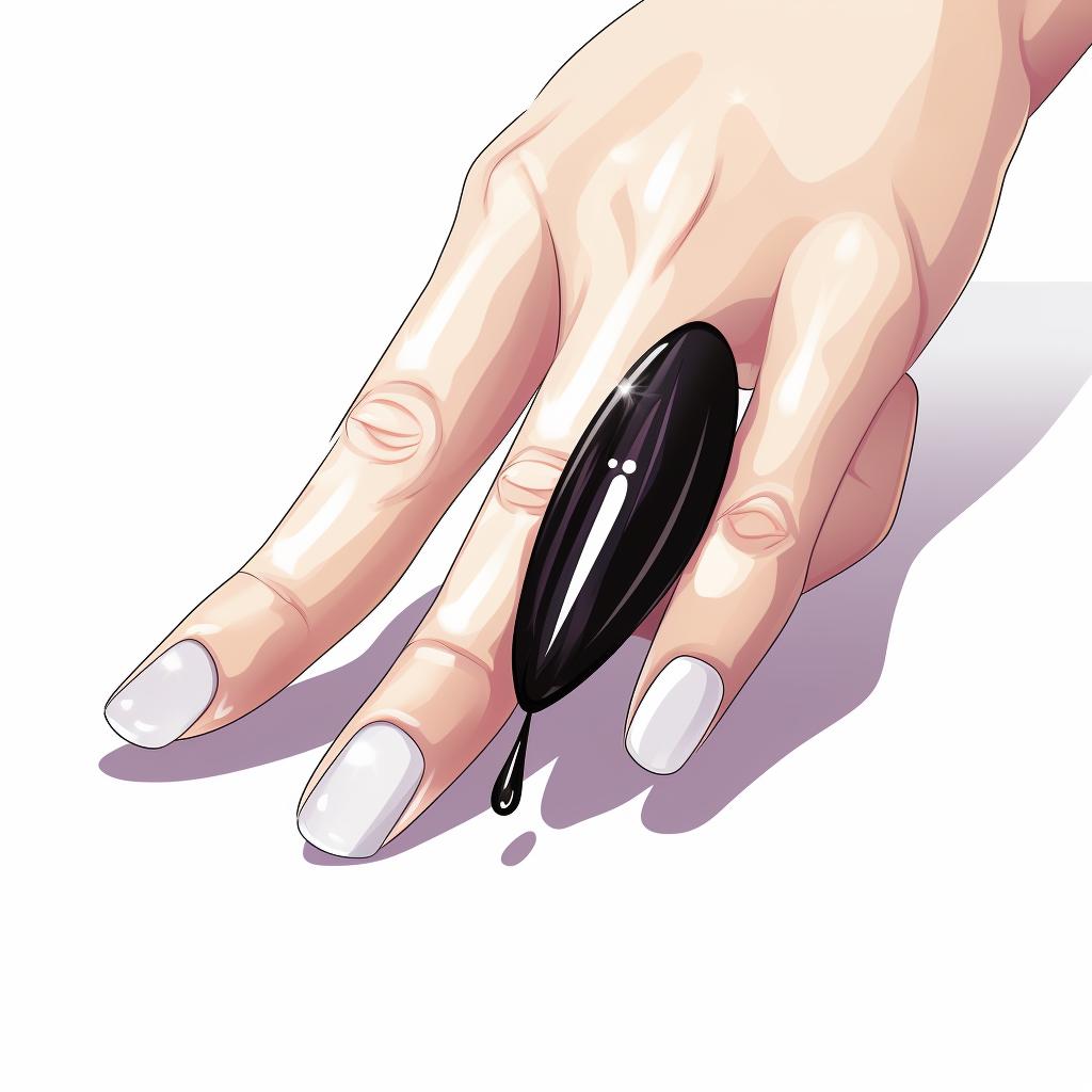 Applying clear top coat on black nail polish on almond shaped nails