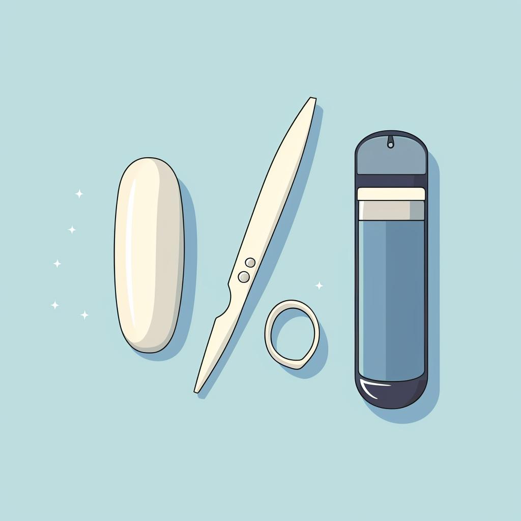 A flat lay of nail file, nail clipper, and a buffer on a clean surface.