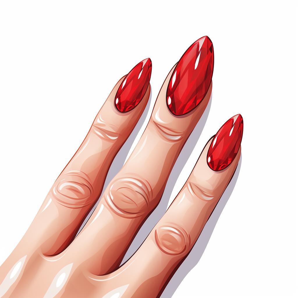 Almond-shaped nails painted red except for the ring finger