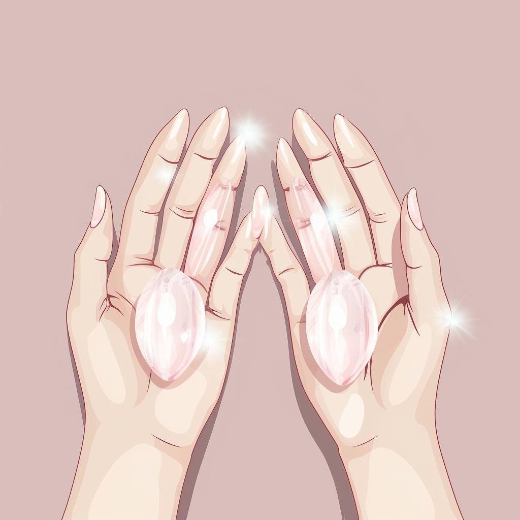 Hands with a clear base coat applied on almond-shaped nails