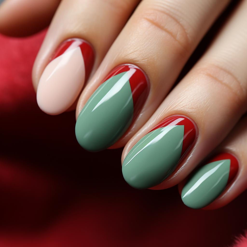 Almond-shaped nails with red polish and a green ring finger nail