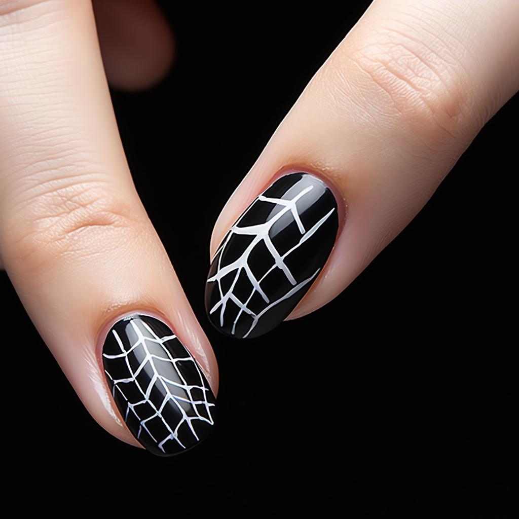 A hand drawing a spiderweb design on a black-painted almond-shaped nail with white nail polish.