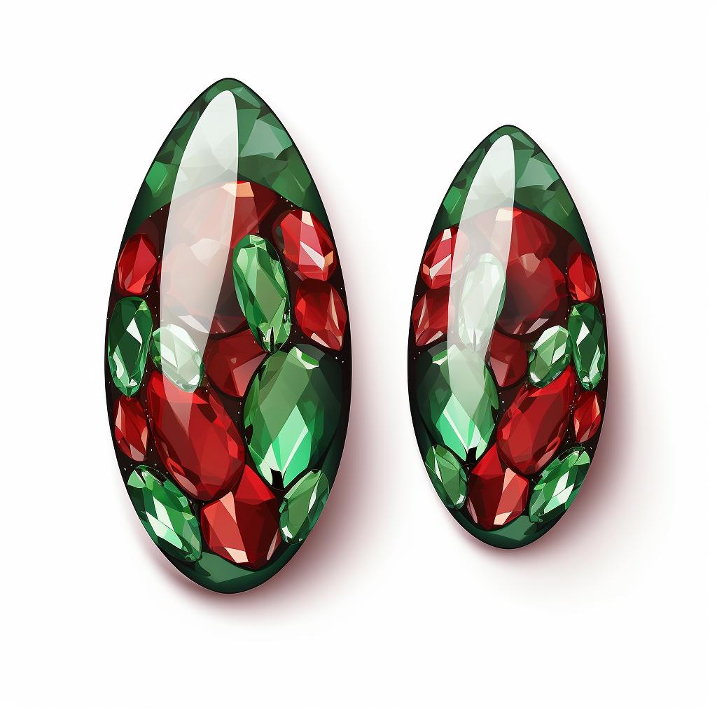 Glittery red and green almond-shaped nails