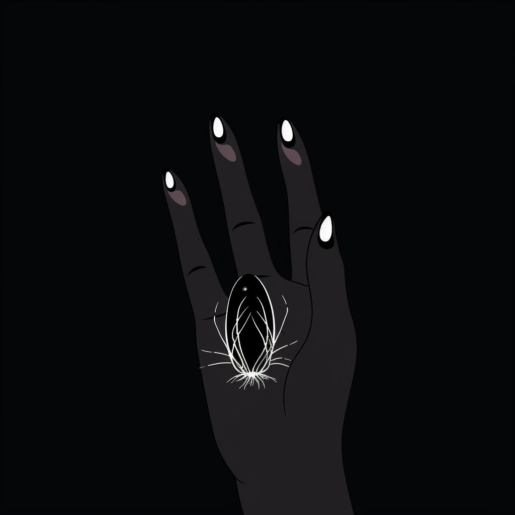 A hand drawing a small spider on a black-painted almond-shaped nail with white nail polish.