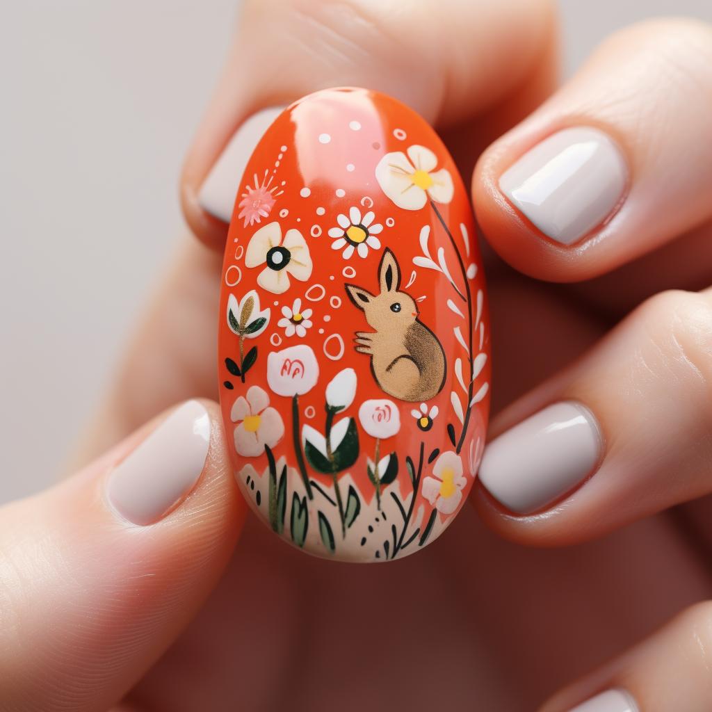 Hand painting an Easter design on almond-shaped nails