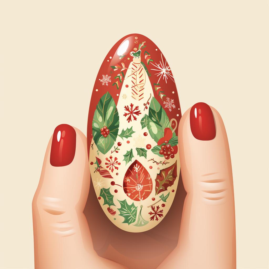 Almond-shaped nails with Christmas symbols being painted on