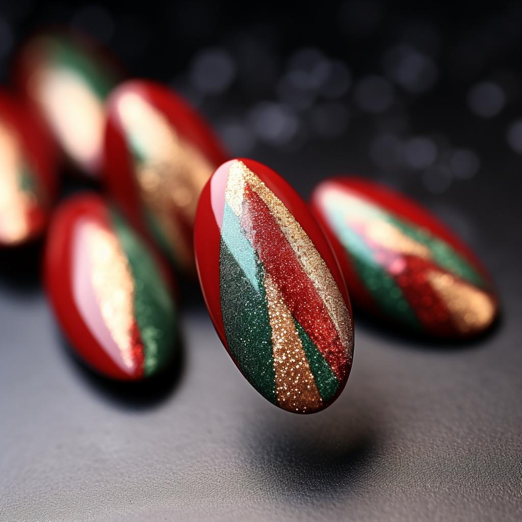 Glittery red and green almond-shaped nails with a top coat