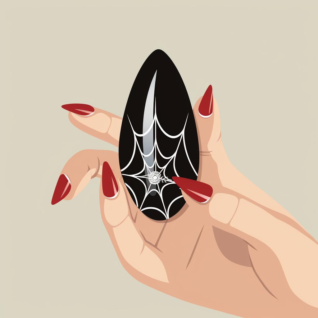 A hand applying a clear top coat on a black-painted almond-shaped nail with a white spiderweb and spider design.