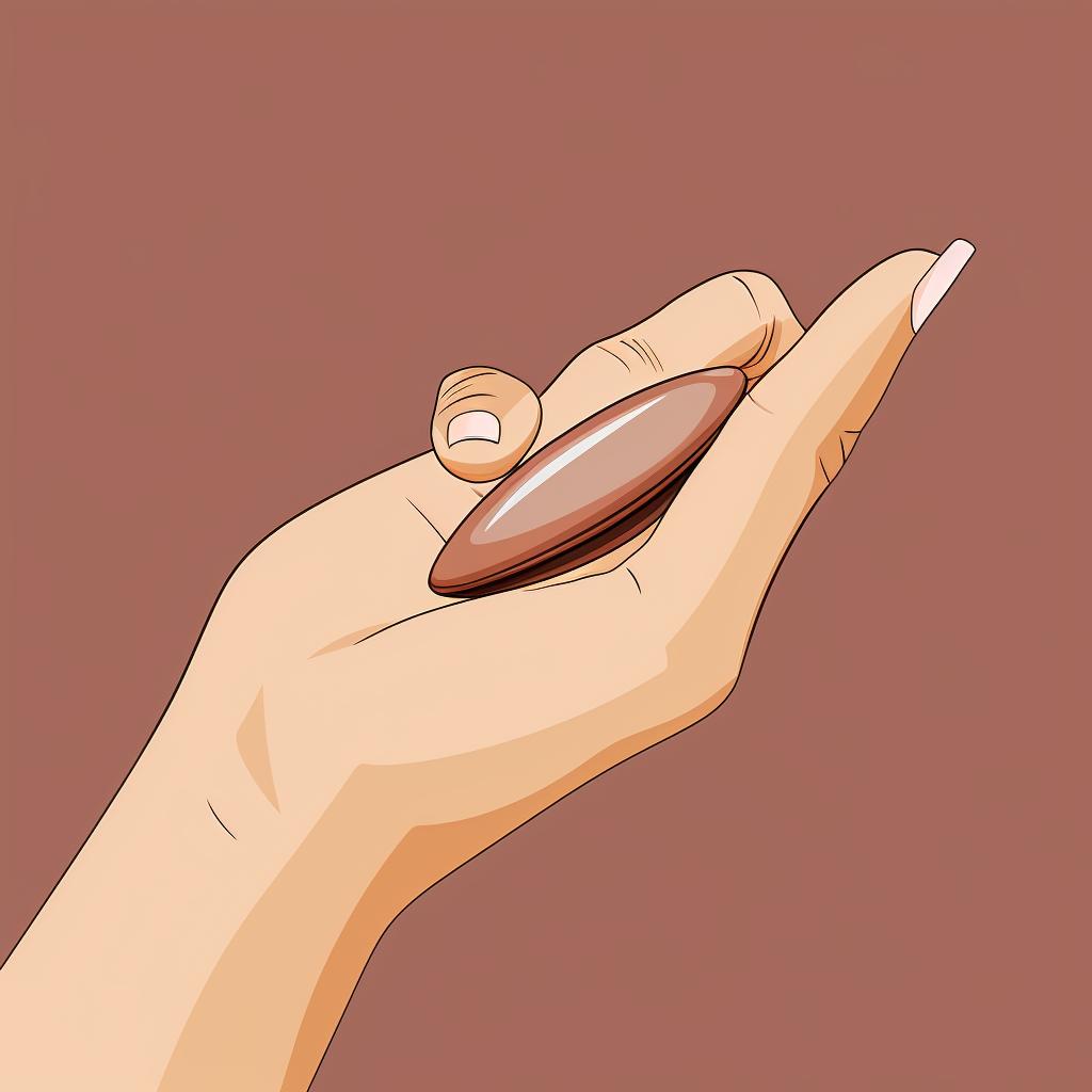 A hand holding a buffer, smoothing out the edges of an almond-shaped nail.