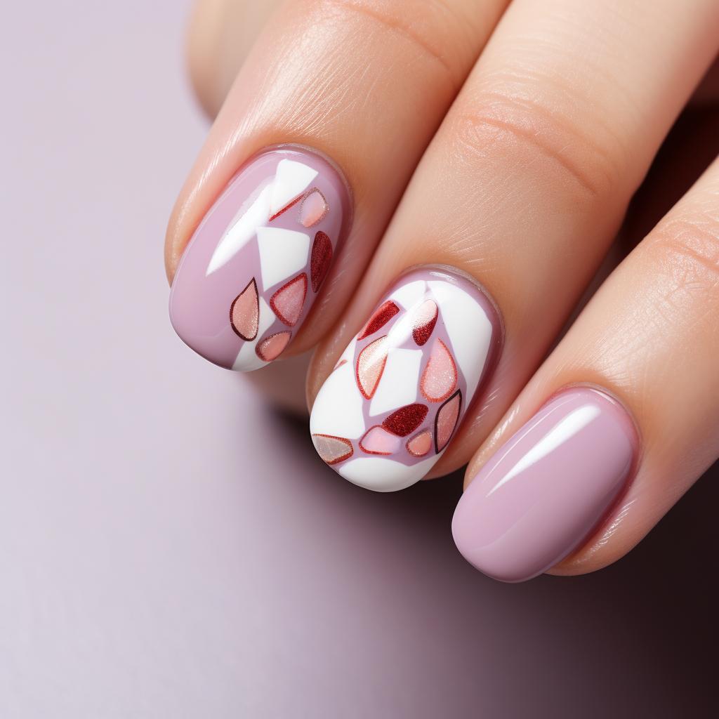 Applying top coat on short almond nails with nail art design