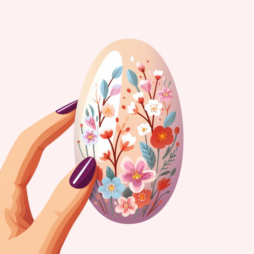 Hand applying a clear top coat on almond-shaped nails with an Easter design