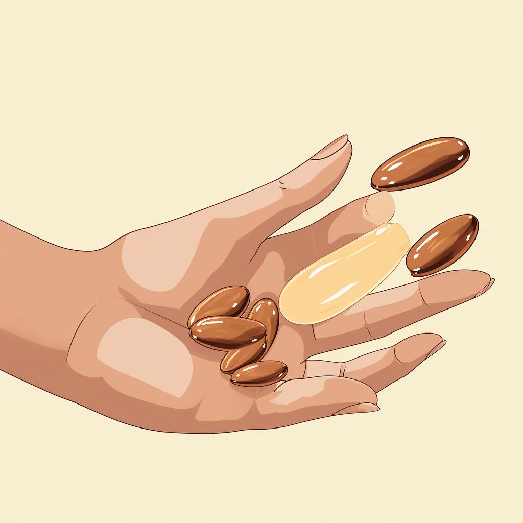 A hand applying cuticle oil to freshly shaped almond nails.