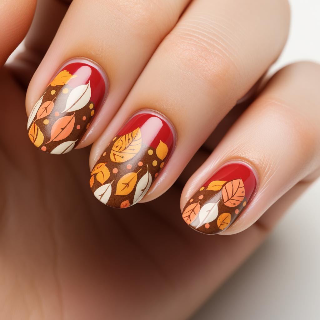 Applying top coat on almond shaped nails with autumn design