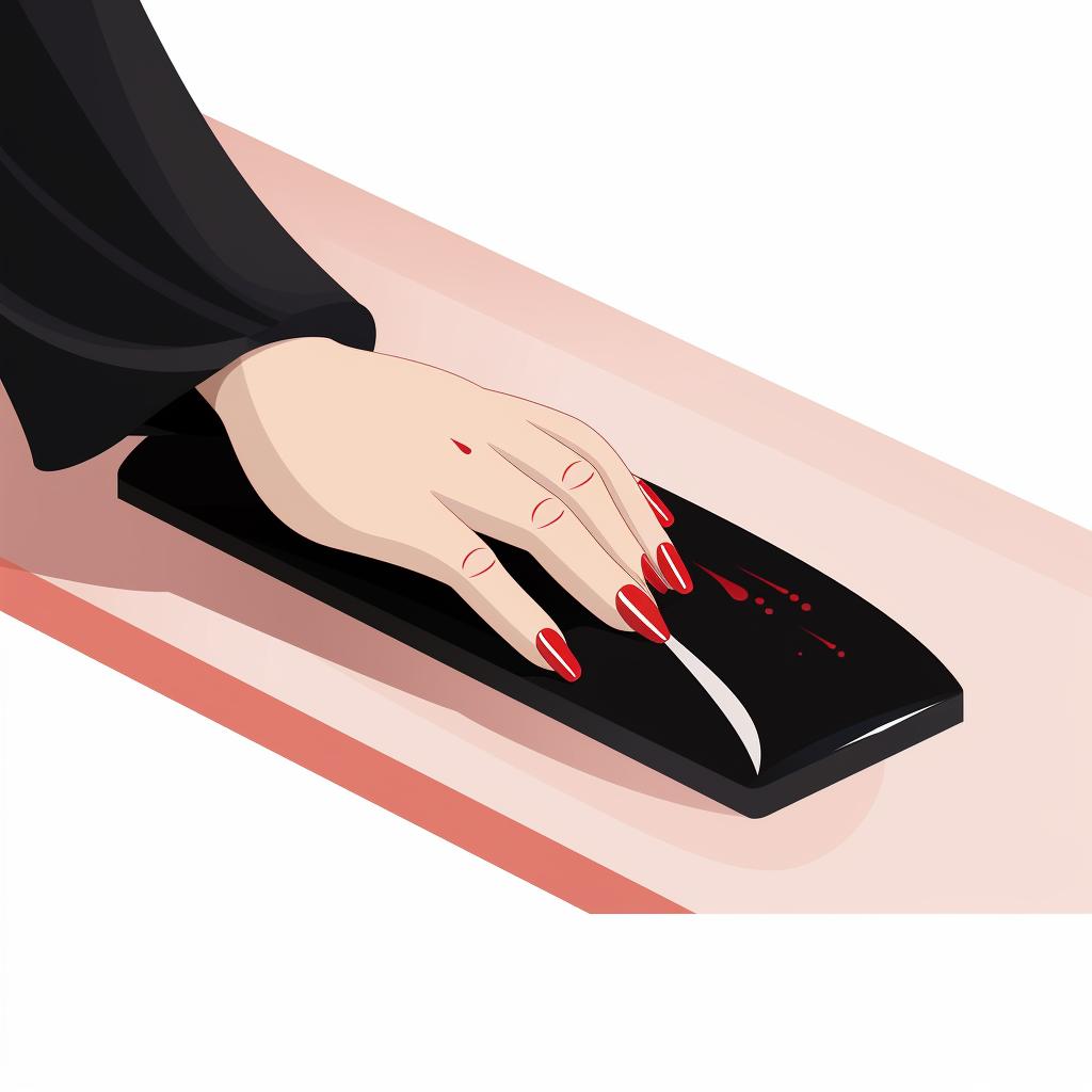Nail polish being applied in a specific design on coffin-shaped nails